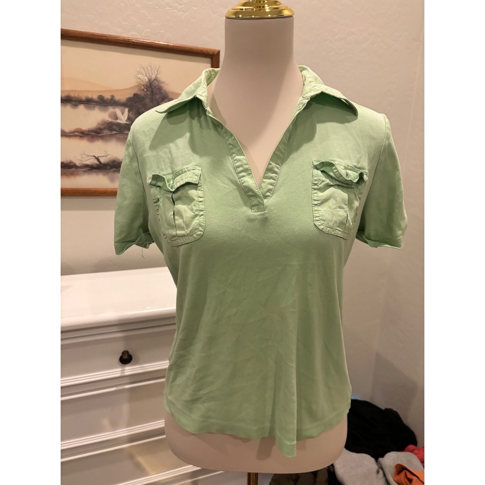 y2k preppy sage Green Polo Shirt Women's V-Neck Utility Cargo Pocket knit top